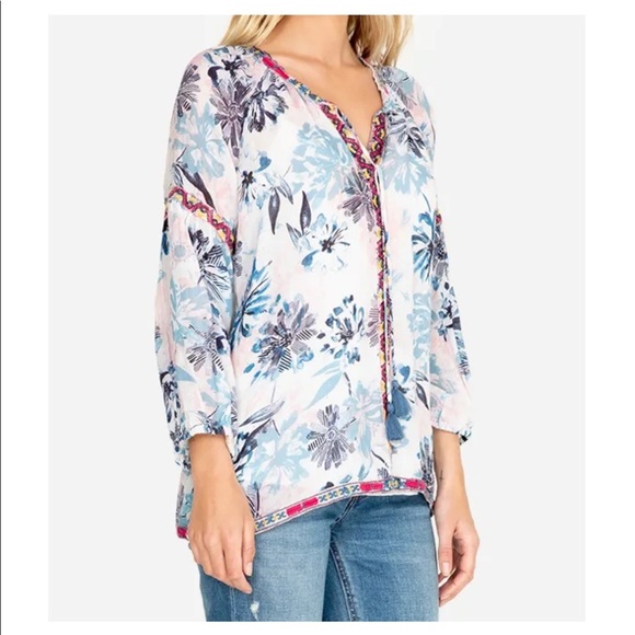 NWT! JOHNNY WAS Size XL white with blue multi peasant blouse with front tie - Picture 3 of 14